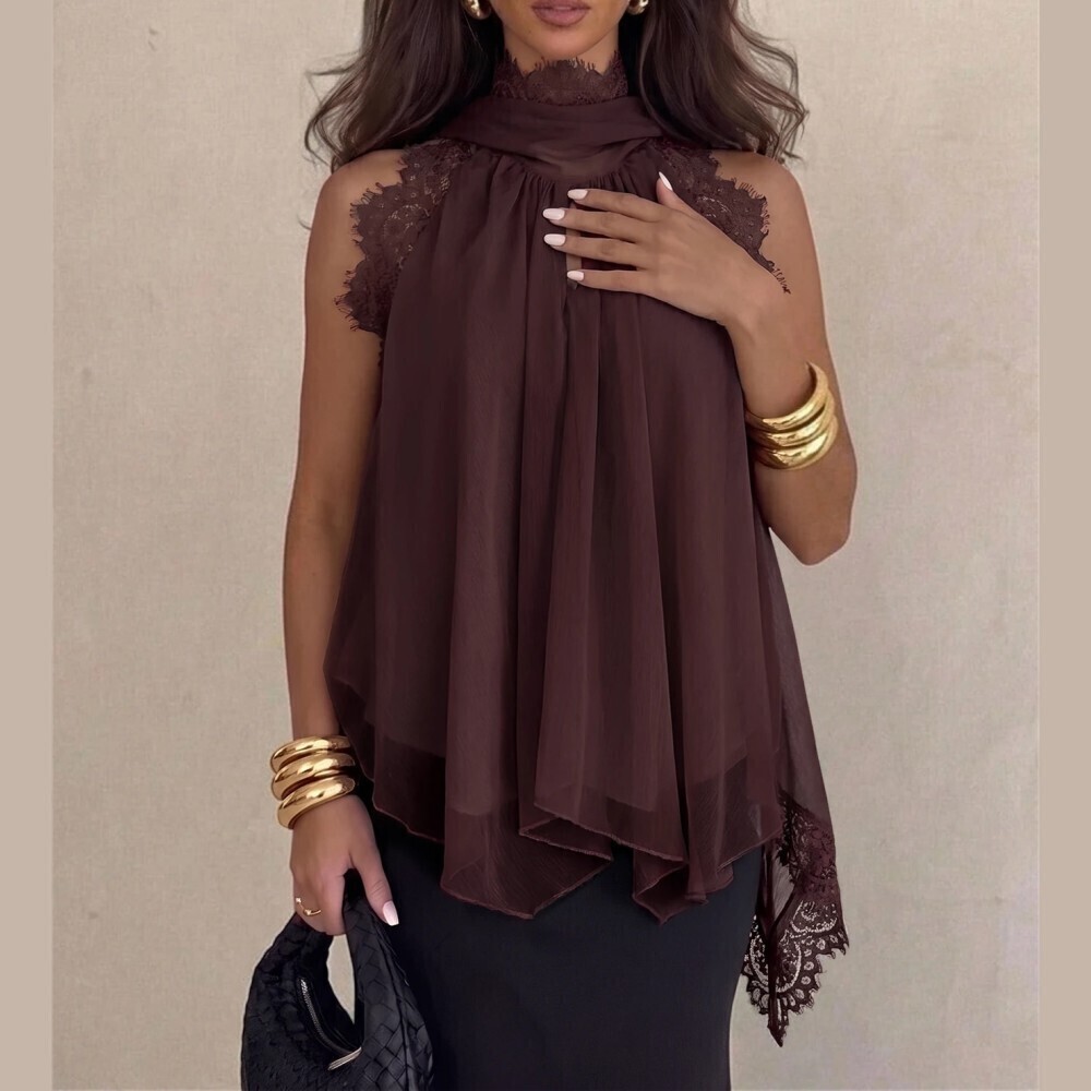 Brown Chiffon Lace Trim High Neck Keyhole Sleeveless Swing Top